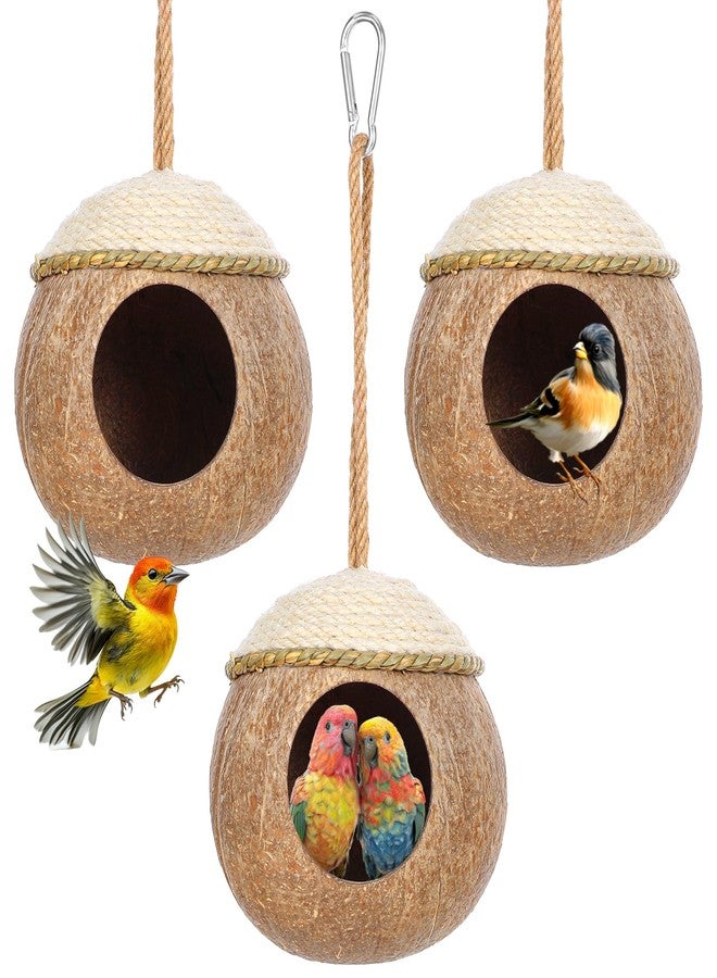 wutfuooo 3 Pcs Natural Coconut Bird Hide Nest Hut for Cage with Woven Straw Bird Parakeet Coconut Fiber Hanging Birdhouse Cage Habitats Decor for Parrot Cockatiel Lovebird Finch Squirrel Hamster